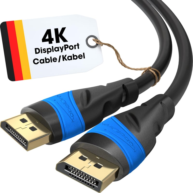 Kábel DisplayPort KabelDirekt 10 m – 4K 60 Hz a 144 Hz, 17,28 Gbit/s, HDCP, UHD Gaming, konektor pre PC a notebook k monitoru, séria TOP, čierny