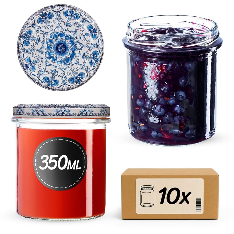 Set 10 Borcane pentru Conserve KADAX 350 ml, cu Capac cu Filet TO82 Alb/Albastru, Borcan Ermetic pentru Dulceață, Miere, Mason Jar