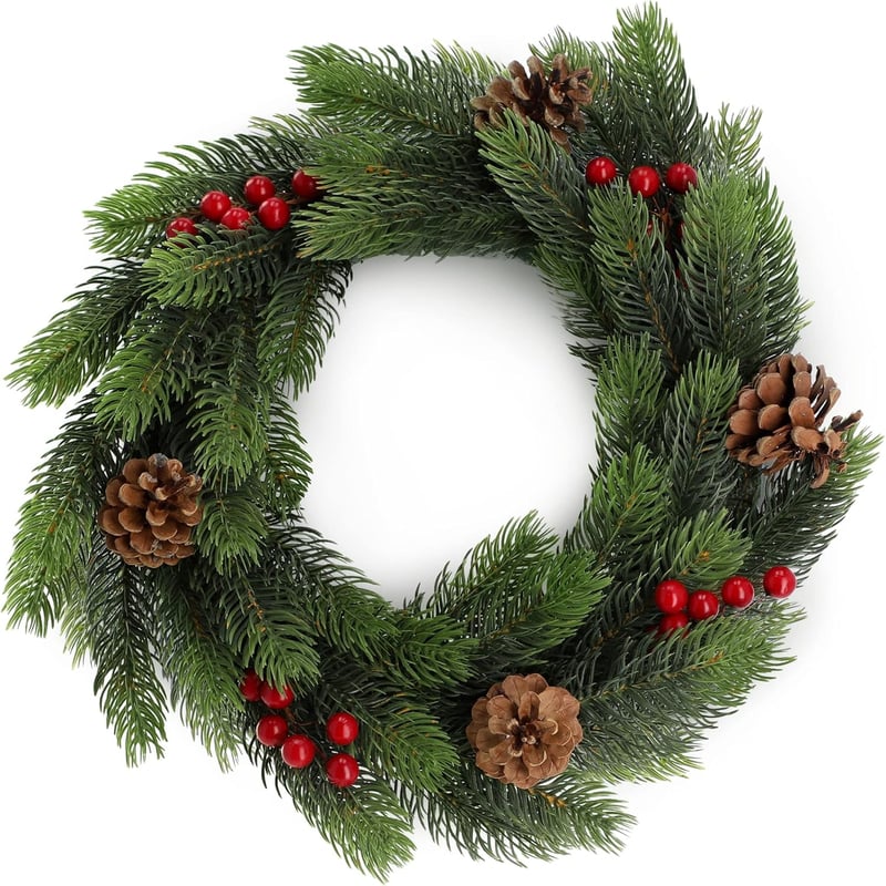 KADAX Karácsonyi Ajtókoszorú 45 cm - PE Műanyag Fenyőkoszorú Dekorációval, Időjárásálló Adventi Koszorú Asztalra, Ajtóra, Anna Modell