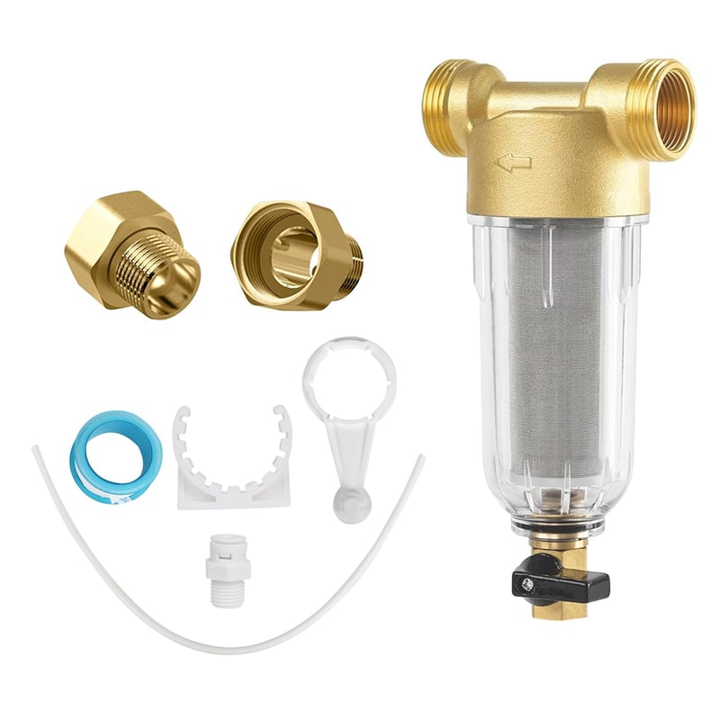 Filtru de sedimente KAHCOP de 100 microni cu spălare inversă, prefiltru tip „spin-down” reutilizabil pentru apă de fântână, cu racorduri de 1 inch și 1/2 inch