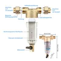 Filtru de sedimente KAHCOP de 100 microni cu spălare inversă, prefiltru tip „spin-down” reutilizabil pentru apă de fântână, cu racorduri de 1 inch și 1/2 inch 3