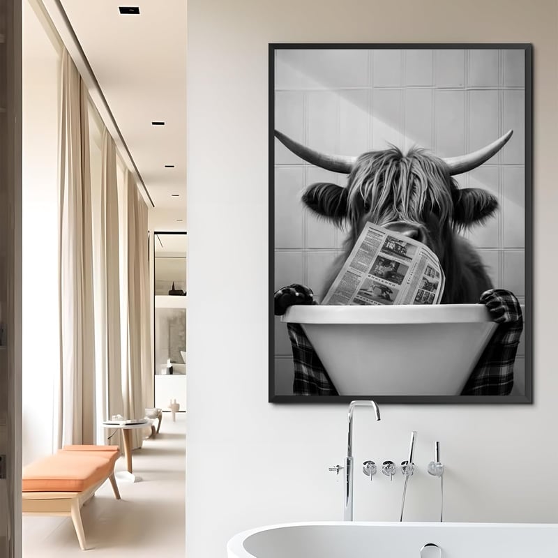 KAIDAARTLH Fürdőkádban Pihenő Tehén Vászonkép - Modern Fekete-Fehér Állat Falikép Keret Nélkül Fürdőszobába, Hálószobába (50 x 70 cm)