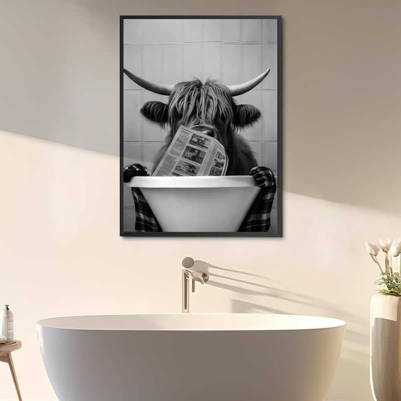 KAIDAARTLH Fürdőkádban Pihenő Tehén Vászonkép - Modern Fekete-Fehér Állat Falikép Keret Nélkül Fürdőszobába, Hálószobába (50 x 70 cm)