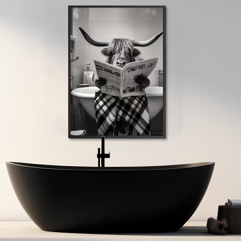 KAIDAARTLH Fürdőkádban Ülő Tehén Vászonkép - Modern Fekete-Fehér Állat Falikép Fürdőszobába, Hálószobába Keret Nélkül (50 x 70 cm)