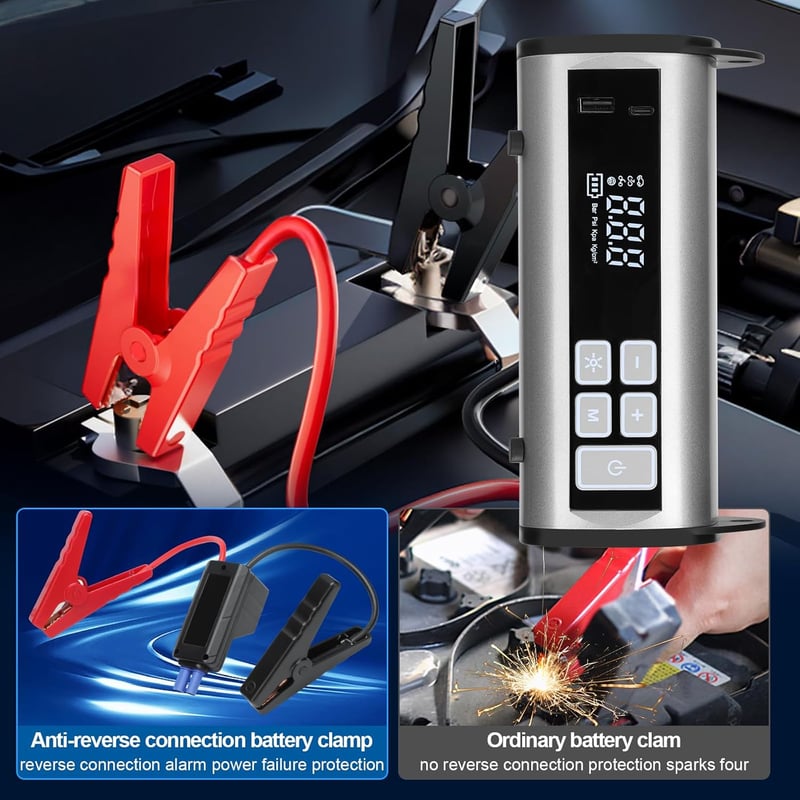 Kairiyard Autós Indításrásegítő Powerbank Beépített Kompresszorral, 1000A Csúcsáram, 150PSI, 6L Benzin/3L Dízel Motorokhoz, Vészvilágítással