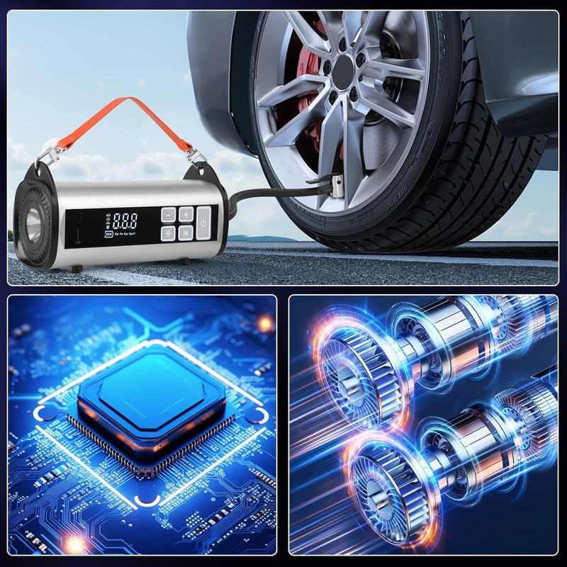 Kairiyard Autós Indításrásegítő Powerbank Beépített Kompresszorral, 1000A Csúcsáram, 150PSI, 6L Benzin/3L Dízel Motorokhoz, Vészvilágítással