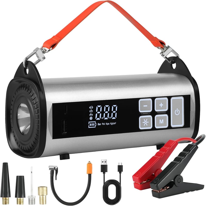 Kairiyard Autós Indításrásegítő Powerbank Beépített Kompresszorral, 1000A Csúcsáram, 150PSI, 6L Benzin/3L Dízel Motorokhoz, Vészvilágítással