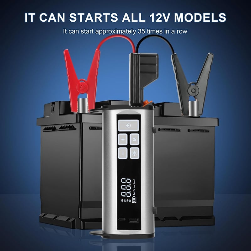 Kairiyard Autós Indításrásegítő Powerbank Beépített Kompresszorral, 1000A Csúcsáram, 150PSI, 6L Benzin/3L Dízel Motorokhoz, Vészvilágítással