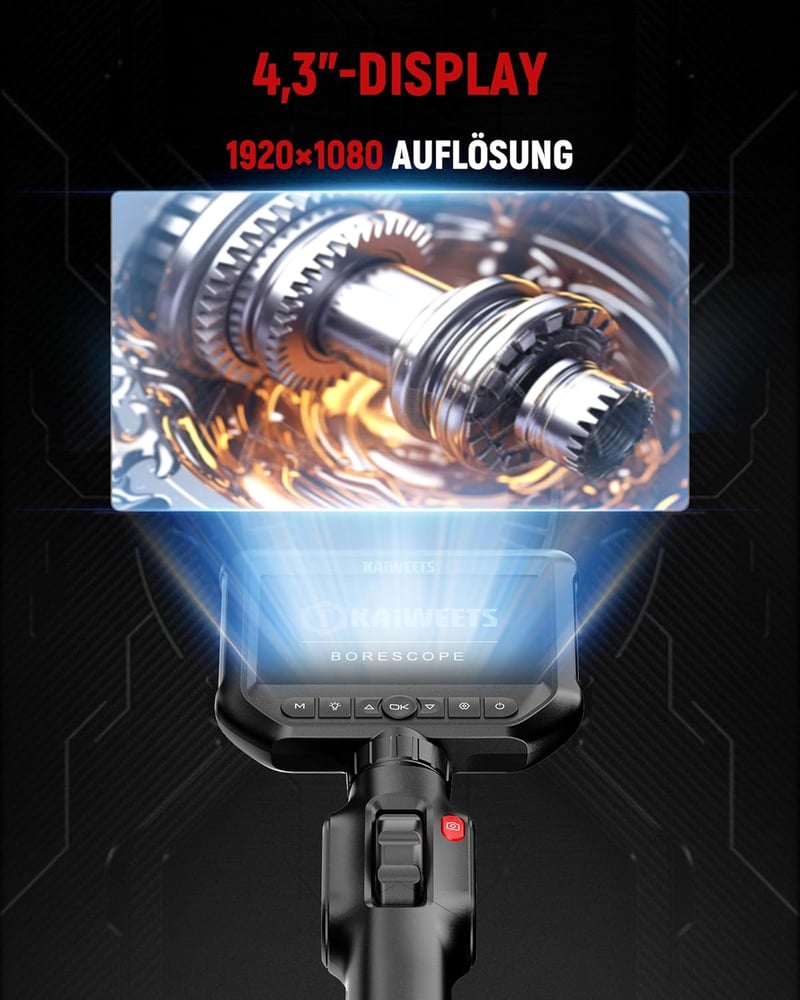KAIWEETS Endoszkóp Kamera 4,3" IPS 1080P Kijelzővel, 210° Forgatható Fejjel, IP67 Vízálló Flexibilis Csőkamera Autó és Csővezeték Vizsgálath