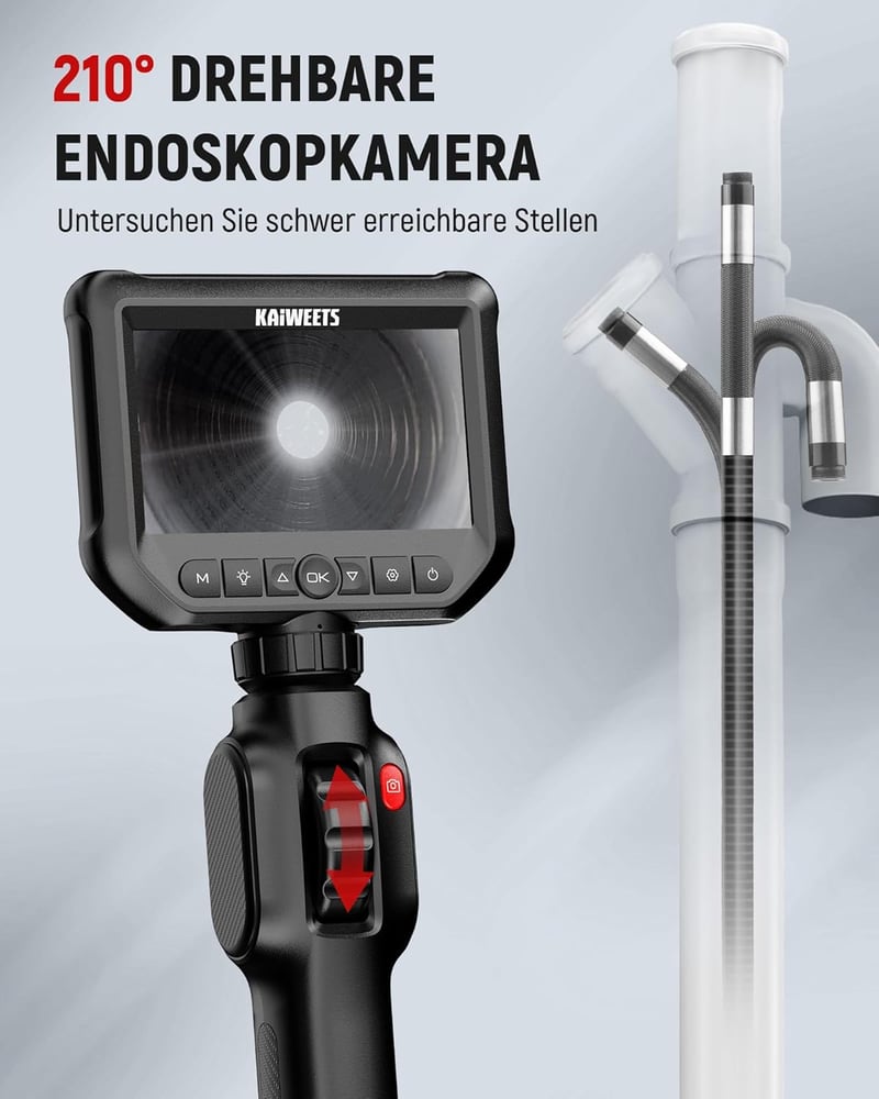 KAIWEETS Endoszkóp Kamera 4,3" IPS 1080P Kijelzővel, 210° Forgatható Fejjel, IP67 Vízálló Flexibilis Csőkamera Autó és Csővezeték Vizsgálath