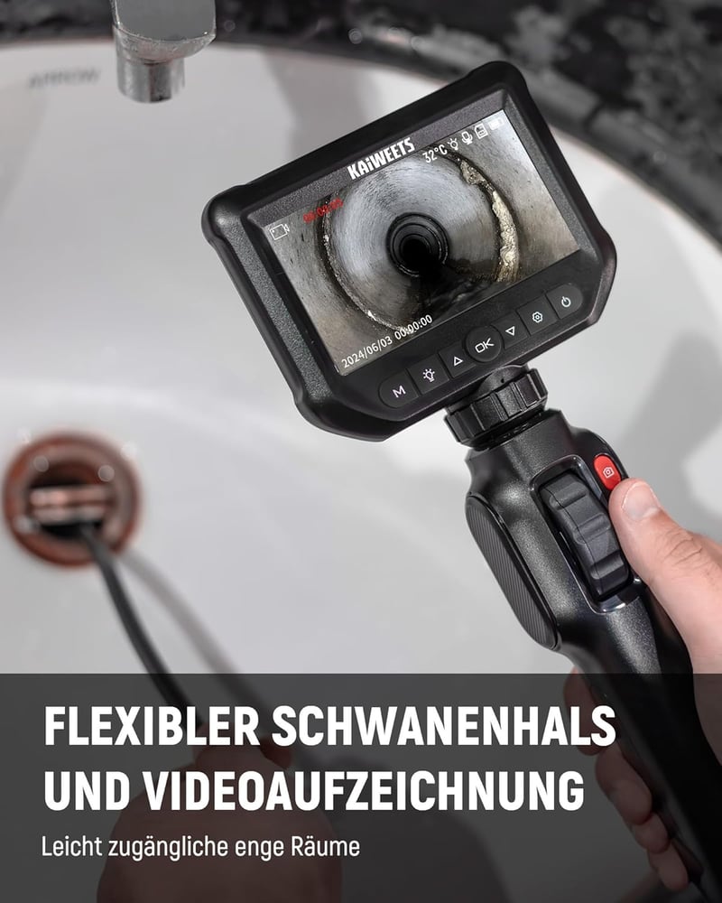 KAIWEETS Endoszkóp Kamera 4,3" IPS 1080P Kijelzővel, 210° Forgatható Fejjel, IP67 Vízálló Flexibilis Csőkamera Autó és Csővezeték Vizsgálath