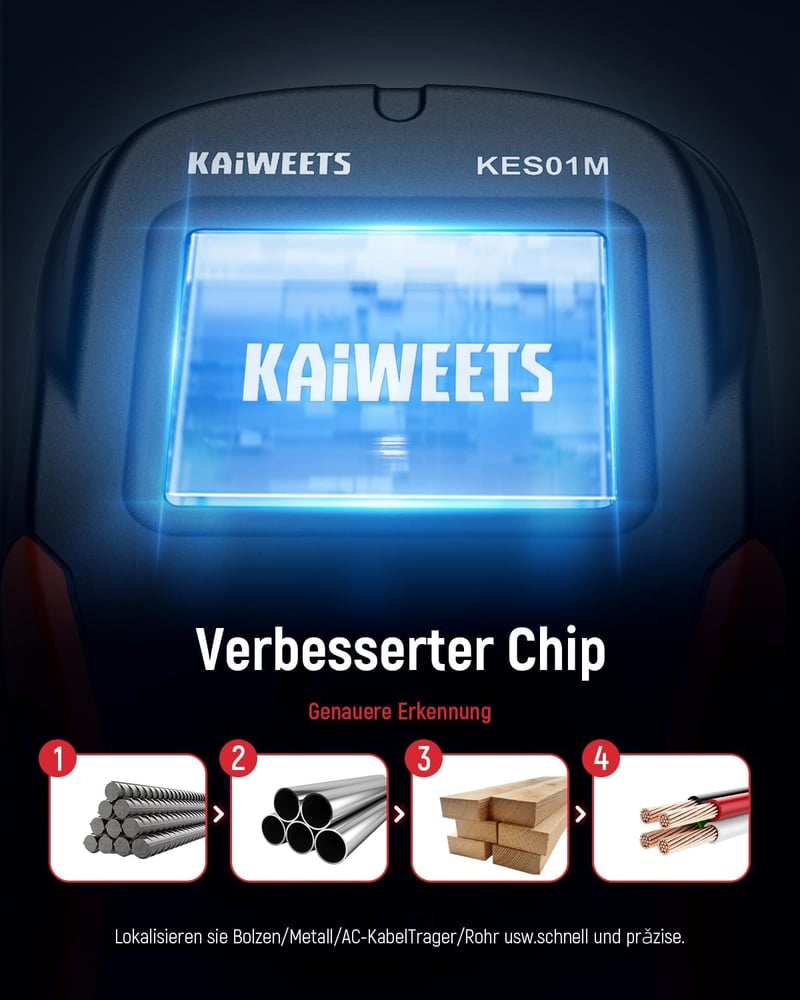 KAIWEETS KES01M 6 az 1-ben Falszkenner - Vezeték, Fa, Fém Kereső Detektor Kalibrációs Riasztással, 80mm Mélységig, Fúrási Balesetek Megelőzé