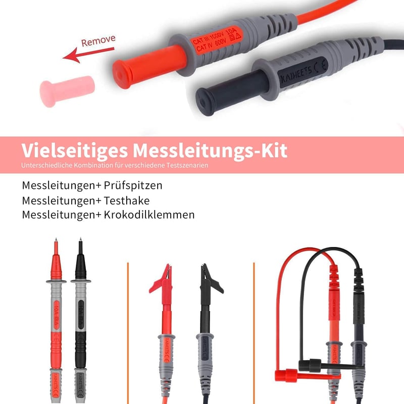 KAIWEETS KET01 Multiméter Kiegészítő Készlet - Szilikon Szigetelésű Tesztkábelek, Mérőszondák, Krokodilcsipeszek és Mini Horgok - Piros