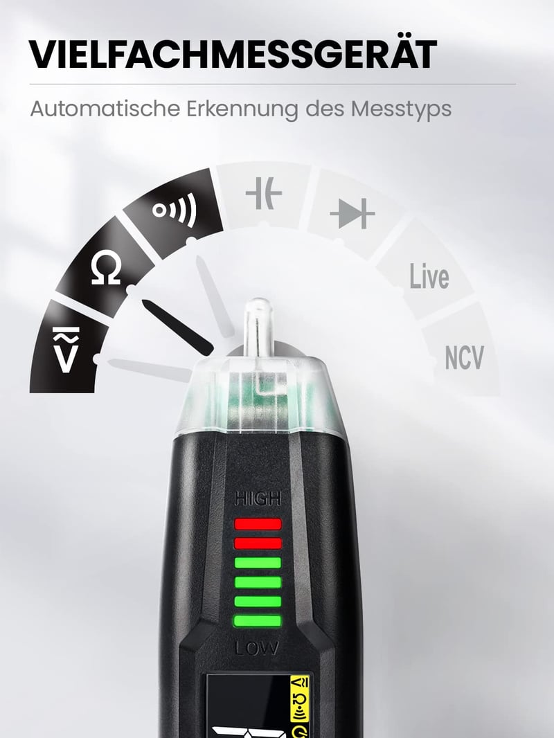 KAIWEETS ST100 Digitális Multiméter - Érintésmentes Feszültségmérő, Fáziskereső, Ellenállásmérő, Kapacitásmérő, LCD Kijelző, Beépített Lámpa