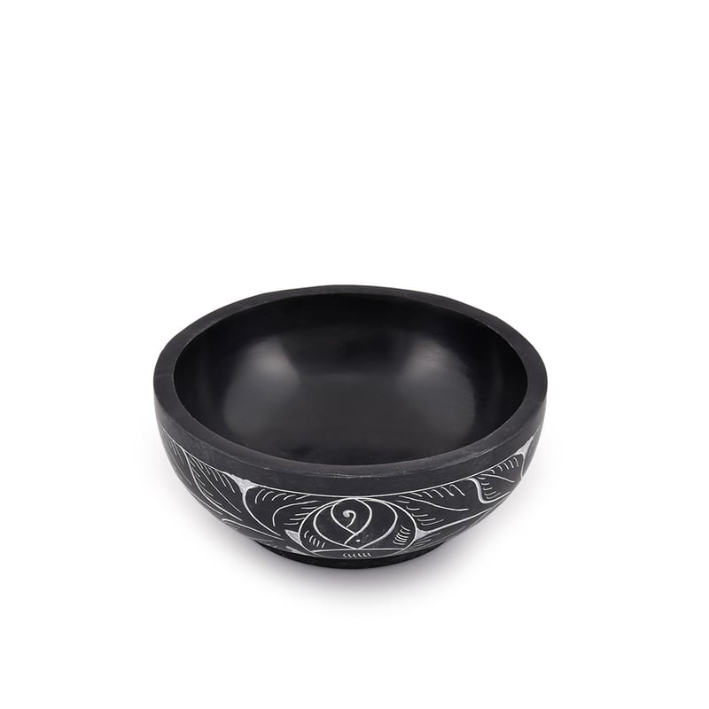 Bol pentru fumigație Kaizen Casa din piatră naturală sculptată manual, cu model de frunză albă, 12,7 x 5,08 cm, negru