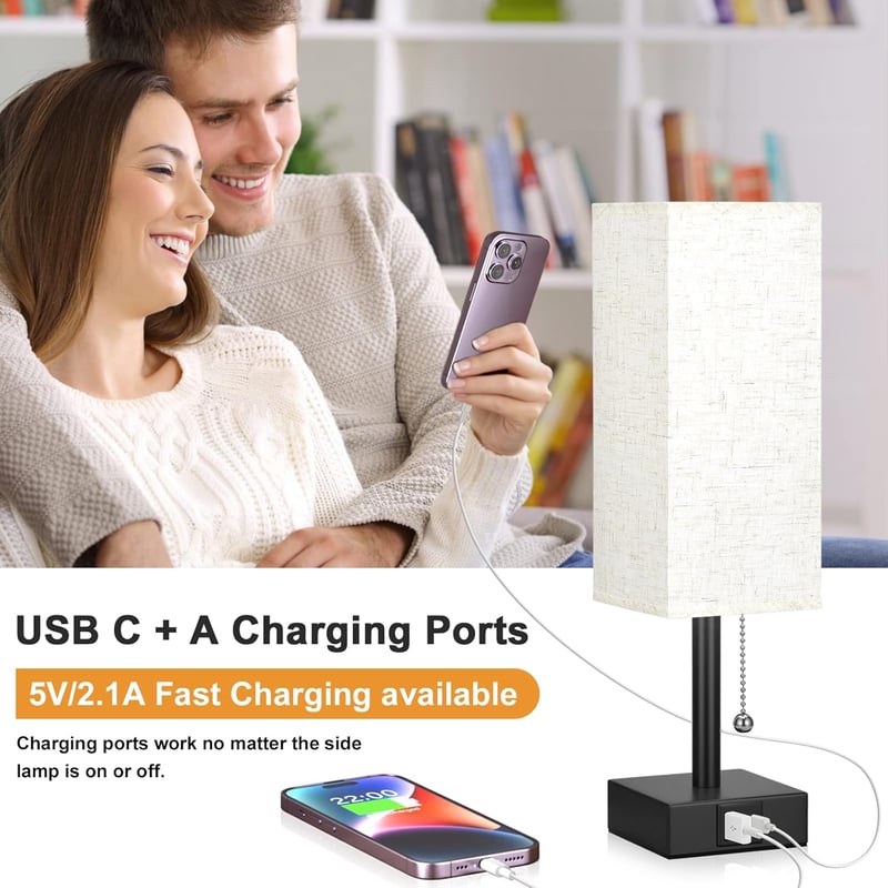 Kakanuo Éjjeli Lámpa USB Portokkal, 3 Színhőmérséklet, Fehér Lenvászon Árnyékolóval