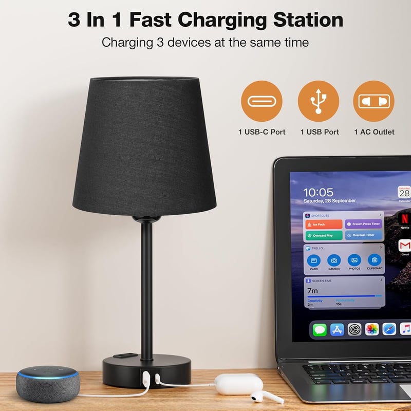 Kakanuo érintésérzékeny asztali lámpa szett 2db USB töltéssel, dimmer funkcióval, fekete