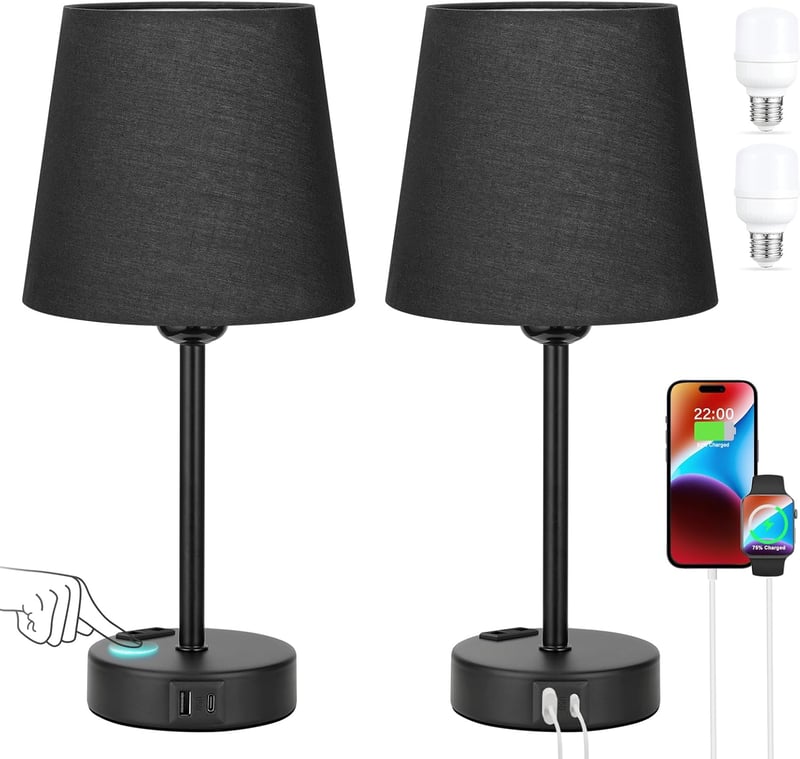 Kakanuo érintésérzékeny asztali lámpa szett 2db USB töltéssel, dimmer funkcióval, fekete