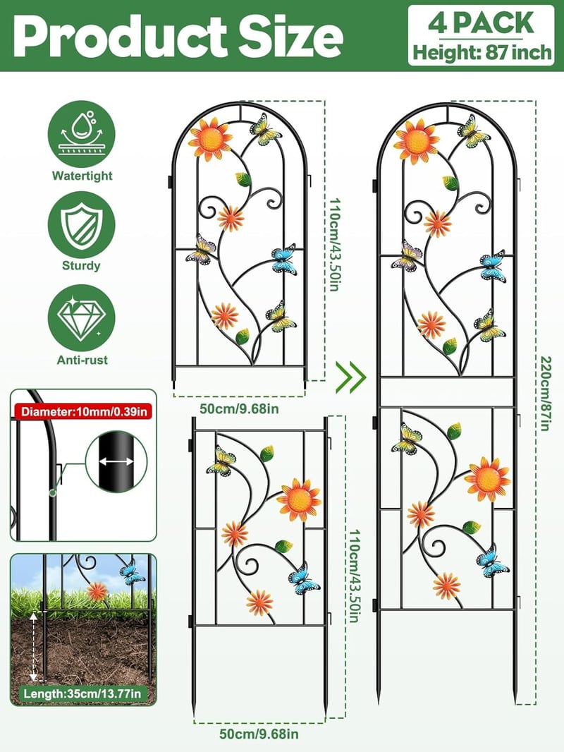 Kalolary 2,2m Kerti Spalié Csúszónövényekhez, 4db Pillangó Mintás Rozsdamentes Fém Spalié