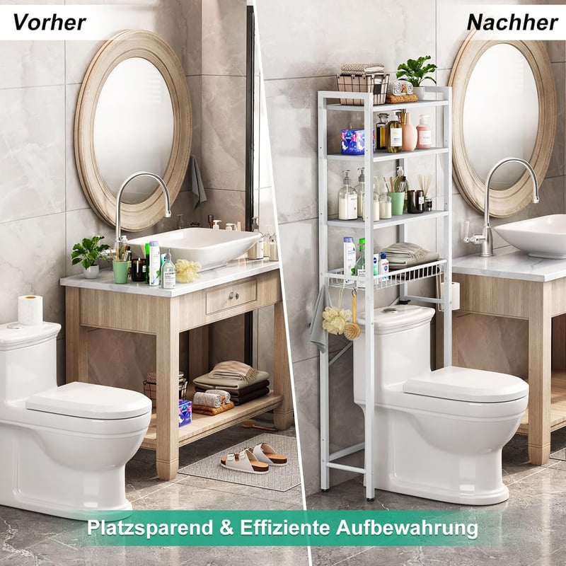 Kalrin 4 szintes WC fölötti polc tárolóval, fürdőszoba szervezőrendszer fehér