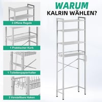 Kalrin 4 szintes WC fölötti polc tárolóval, fürdőszoba szervezőrendszer fehér 8
