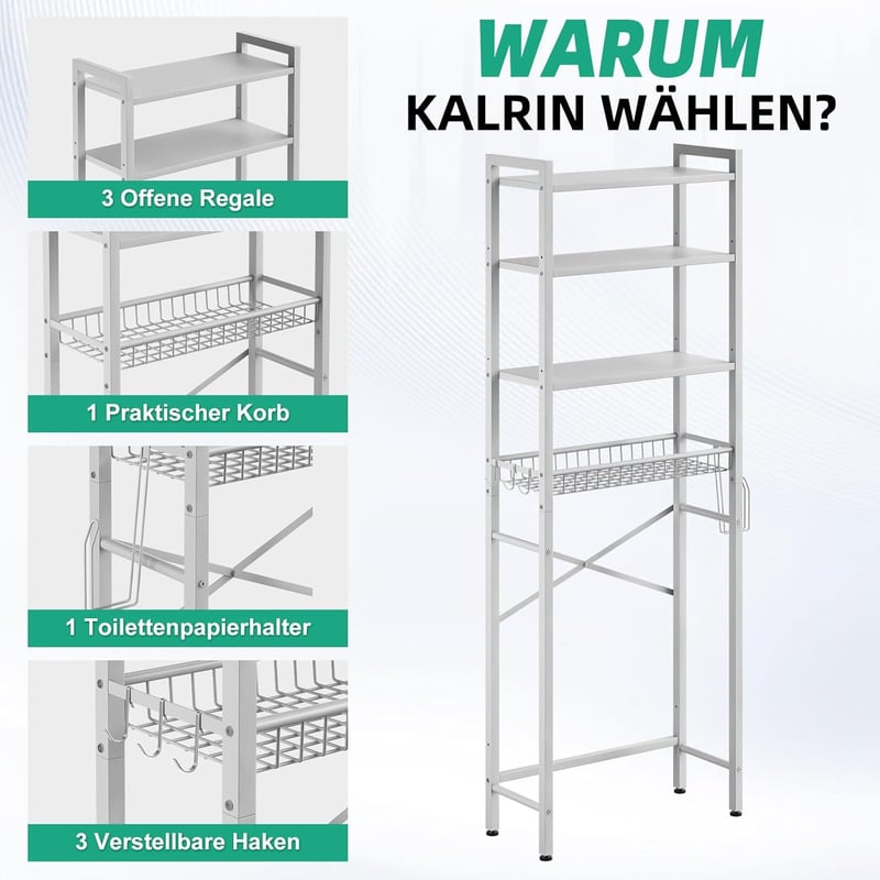 Kalrin 4 szintes WC fölötti polc tárolóval, fürdőszoba szervezőrendszer fehér