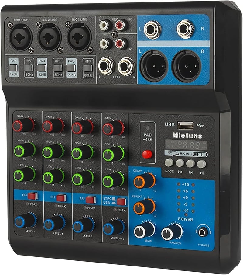 Kamanan Professzionális DJ Keverőpult 5 Csatornával - Hordozható Digitális Hangkeverő Bluetooth és USB MP3 Funkcióval, 48V Phantom Power, Él