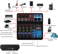 Kamanan Professzionális DJ Keverőpult 5 Csatornával - Hordozható Digitális Hangkeverő Bluetooth és USB MP3 Funkcióval, 48V Phantom Power, Él 3