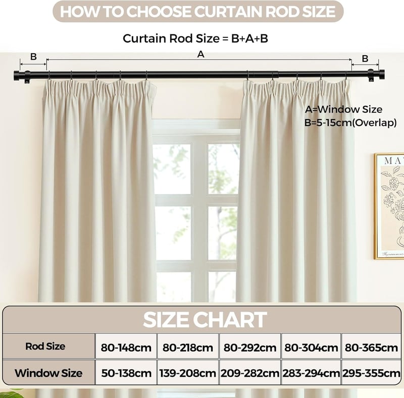 KAMANINA Fekete Függönyrúd 80-148 cm Állítható 25 mm Átmérő Ablakhoz - 80-148CM, Black