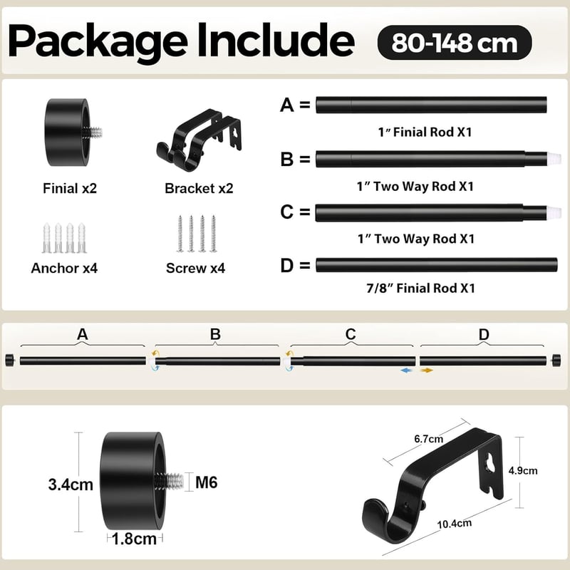 KAMANINA Fekete Függönyrúd 80-148 cm Állítható 25 mm Átmérő Ablakhoz - 80-148CM, Black