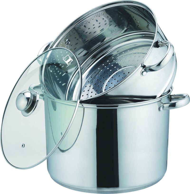 Oală pentru cuscus Kamberg 3 în 1 cu sită pentru gătit la abur și capac de sticlă, 24 cm, 8 litri, oțel inoxidabil, compatibilă cu toate sursele de căldură, inclusiv inducție, gri