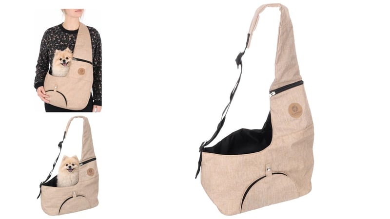 Kanga bézs kutya hátizsák – 44x20x20 cm – poliészter – felső nyílás – levehető alap – szellőzőháló – vállpánt – biztonsági póráz – cipzáros zseb