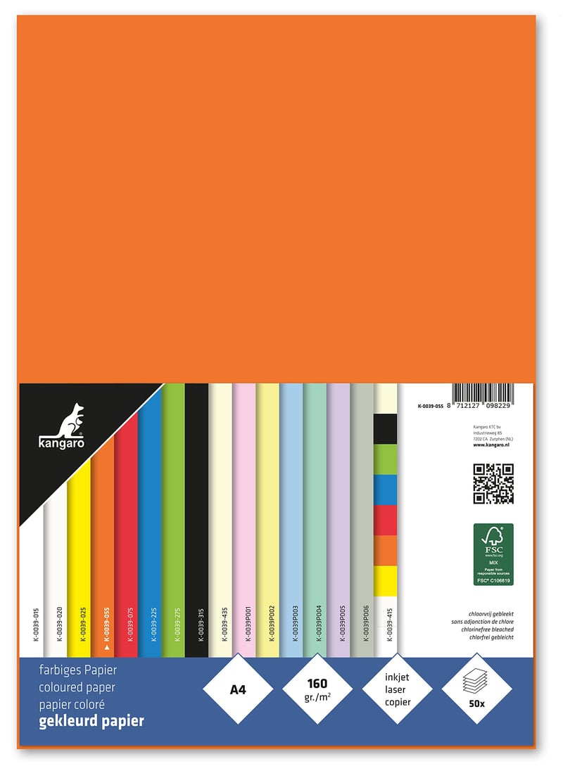 Hârtie colorată Kangaro, portocalie, DIN A4, 160 g/m², FSC Mix, set de 50 coli, hârtie pentru creație și decorațiuni DIY K-0039-055