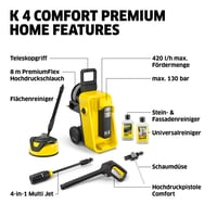 Aparat de spălat cu presiune Kärcher K 4 Comfort Premium Home, 130 bar, 420 l/h, furtun flexibil, tambur pentru furtun, 4-in-1 Multi Jet, Home Kit 10