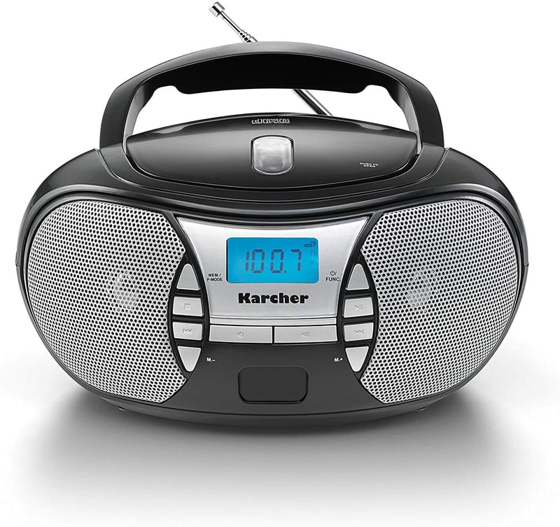 Radio portabil cu CD Kärcher RR 5025-B – radio FM, CD player, intrare AUX, mufă pentru căști, alimentare la rețea și baterii, negru