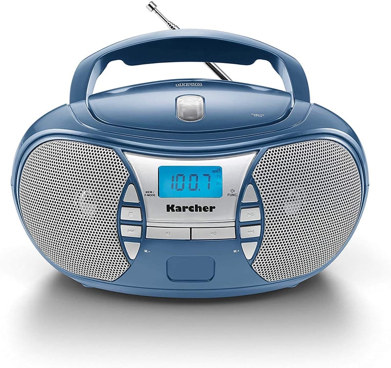 Prenosné rádio s CD prehrávačom Karcher RR 5025-C – CD prehrávač, FM rádio, boombox, AUX-In, napájanie zo siete aj na batérie, modré