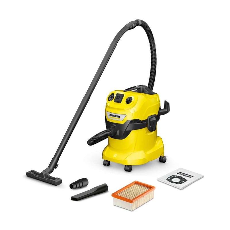 Aspirator umed-uscat Kärcher WD 4 P, rezervor plastic 20L, cu priză integrată pentru scule electrice, furtun aspirare 2.2m, cablu 5m, galben