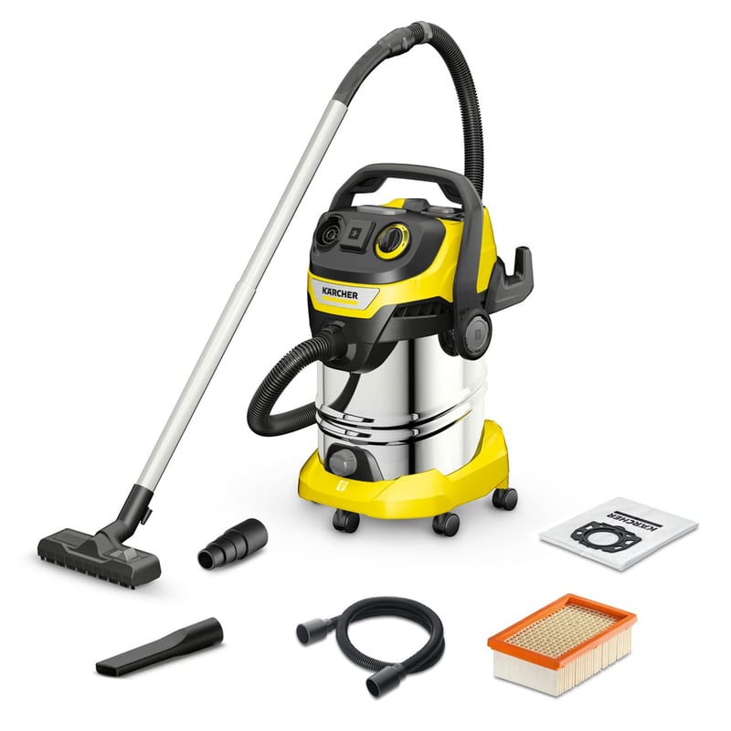 Aspirator umed-uscat Kärcher WD 6 P S V-30/8/35/T, 30 l, recipient din oțel inoxidabil, 1300 W, cablu 8 m, furtun de aspirare 3,5 m, filtru burduf plat, cu priză