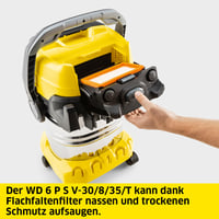 Aspirator umed-uscat Kärcher WD 6 P S V-30/8/35/T, 30 l, recipient din oțel inoxidabil, 1300 W, cablu 8 m, furtun de aspirare 3,5 m, filtru burduf plat, cu priză 3