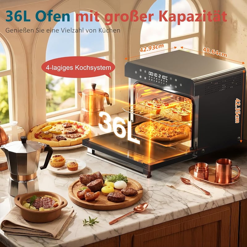 Karienvir 36L Digitális Mini Sütő 1800W - Légkeveréses Hőlégkeverős Sütő Időzítővel, 100-230°C, Olajmentes Sütés, 7 Kiegészítővel