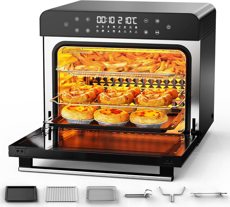Karienvir 36L Digitális Mini Sütő 1800W - Légkeveréses Hőlégkeverős Sütő Időzítővel, 100-230°C, Olajmentes Sütés, 7 Kiegészítővel