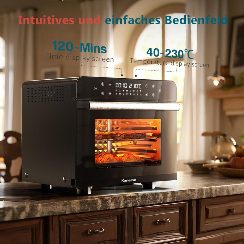 Karienvir 36L Digitális Mini Sütő 1800W - Légkeveréses Hőlégkeverős Sütő Időzítővel, 100-230°C, Olajmentes Sütés, 7 Kiegészítővel