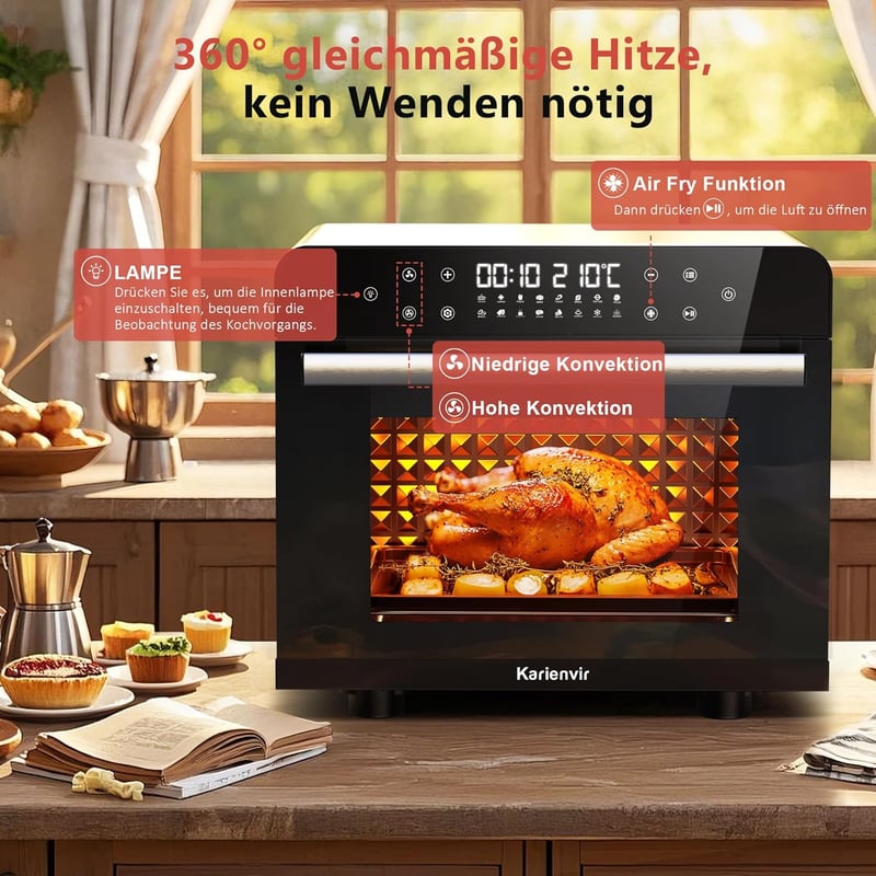 Karienvir 36L Digitális Mini Sütő 1800W - Légkeveréses Hőlégkeverős Sütő Időzítővel, 100-230°C, Olajmentes Sütés, 7 Kiegészítővel