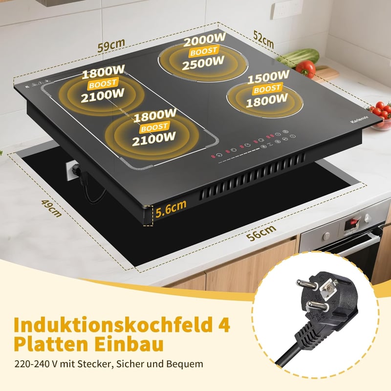 Karienvir 60 cm-es 4 zónás indukciós főzőlap Flex zónákkal, 9 teljesítményfokozat és időzítő