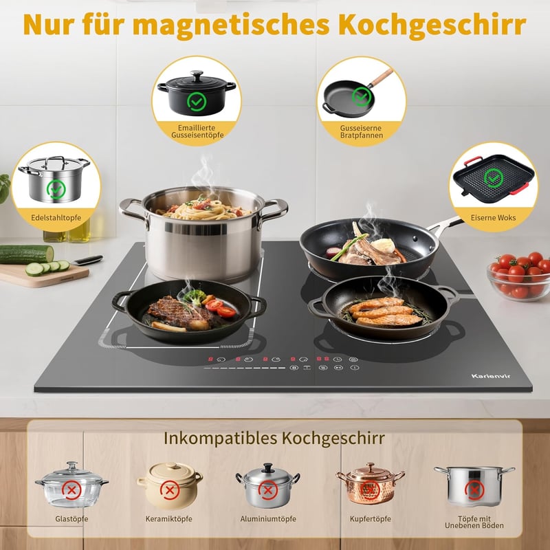 Karienvir 60 cm-es 4 zónás indukciós főzőlap Flex zónákkal, 9 teljesítményfokozat és időzítő