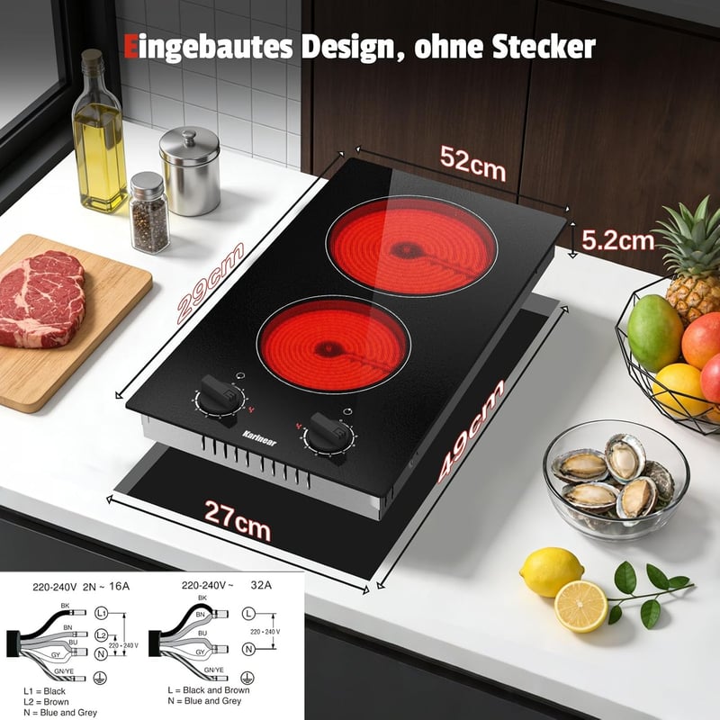 Karinear 2 égőfejes elektromos főzőlap 30 cm, 3000 W, fekete üveg