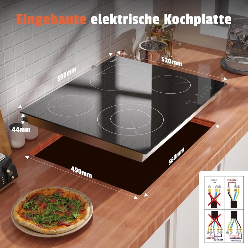 Karinear 4 égőfejes beépíthető kerámia főzőlap 60cm, dupla bővíthető zóna, érintésvezérlés, időzítő - 4 Zone Touch 6600w Standard