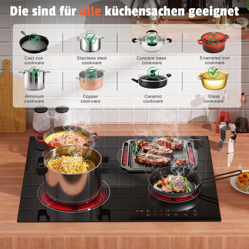 Karinear 4 égőfejes beépíthető kerámia főzőlap 60cm, dupla bővíthető zóna, érintésvezérlés, időzítő - 4 Zone Touch 6600w Standard