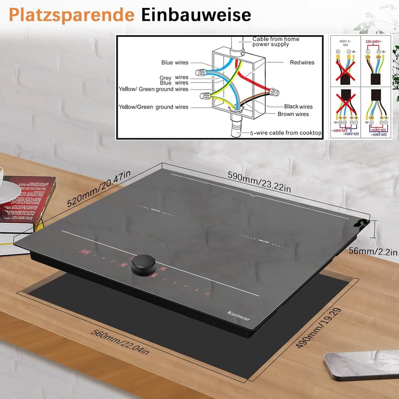 Karinear 60 cm-es Indukciós Főzőlap Dupla Flex Zónával - 4 Főzőmezős, Mágneses Gomb/Érintésvezérlés, Időzítő, Booster Funkcióval, 7200W