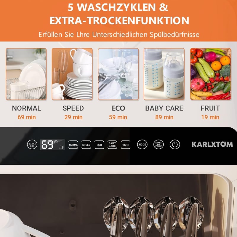 Karlxtom TDQR03A mini mosogatógép 6 program asztali freestanding
